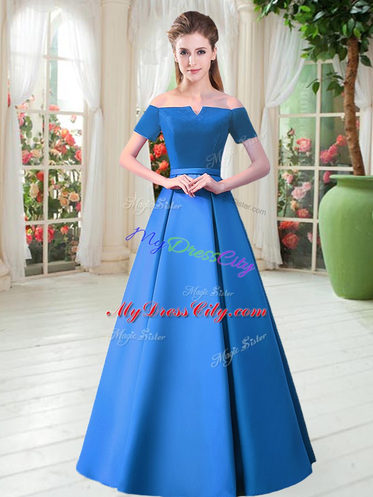 Fine Off The Shoulder Short Sleeves Satin Dress for Prom Belt Lace Up