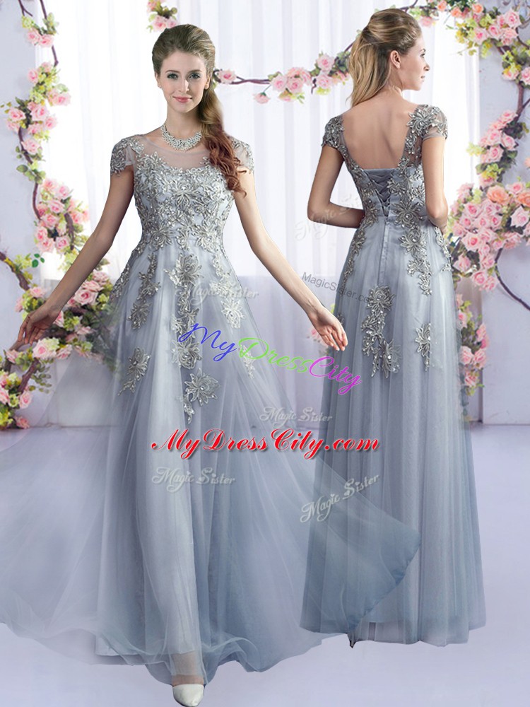 Floor Length Empire Cap Sleeves Grey Wedding Party Dress Lace Up