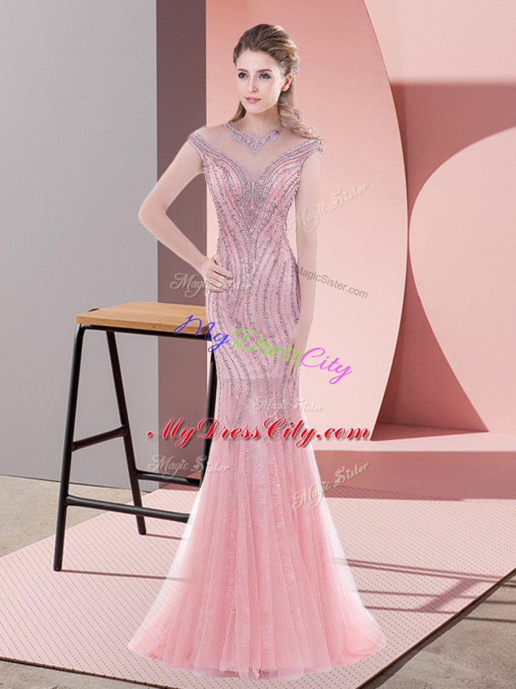Pink Tulle Zipper Scoop Cap Sleeves Homecoming Dress Sweep Train Beading and Lace
