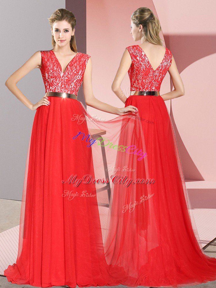 Red Sleeveless Sweep Train Beading and Lace