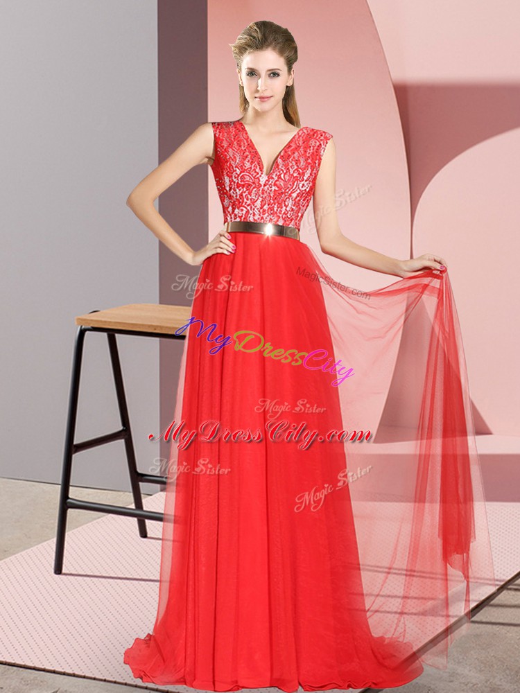 Red Sleeveless Sweep Train Beading and Lace