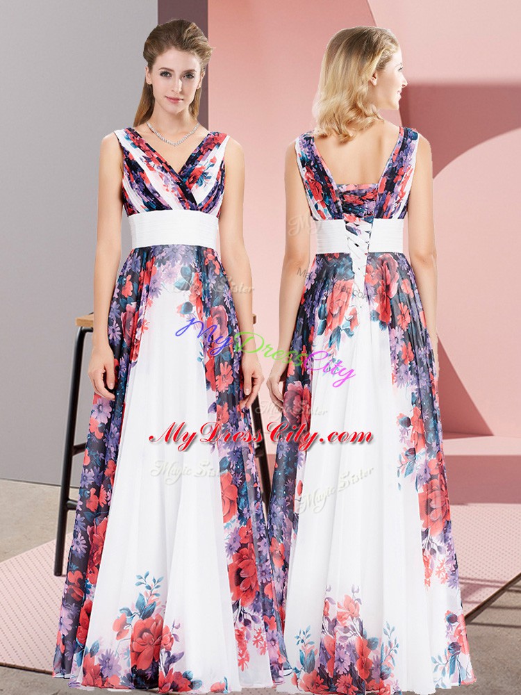 White Sleeveless Pattern Floor Length Dress for Prom