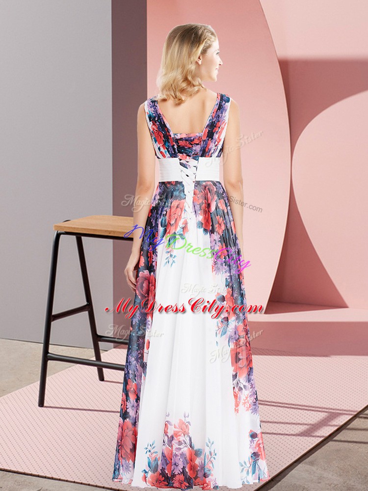 White Sleeveless Pattern Floor Length Dress for Prom