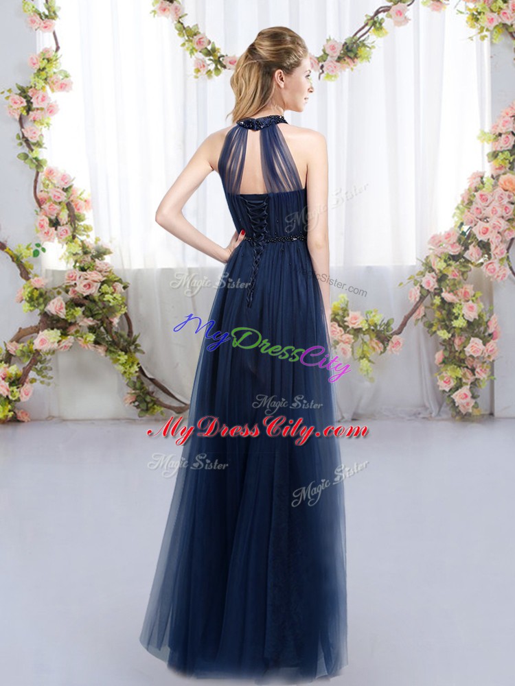 High-neck Sleeveless Tulle Bridesmaid Dresses Appliques Lace Up