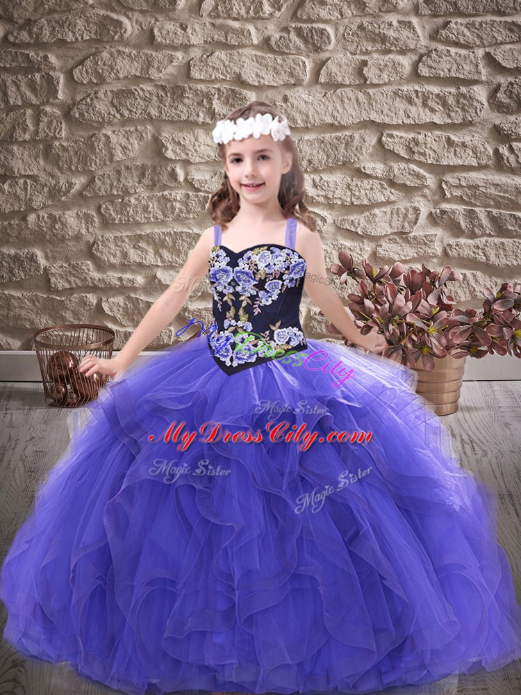 Fantastic Purple Tulle Lace Up Pageant Dress Wholesale Sleeveless Floor Length Embroidery and Ruffles