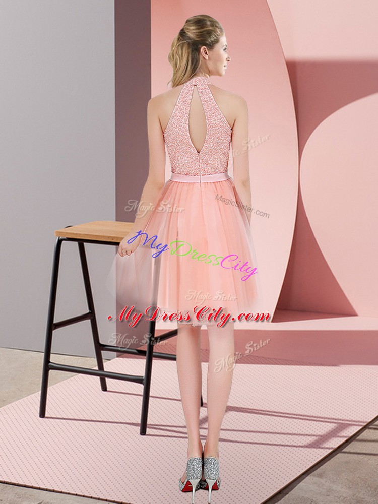 Fine Knee Length Zipper Dress for Prom Peach for Prom and Party with Beading