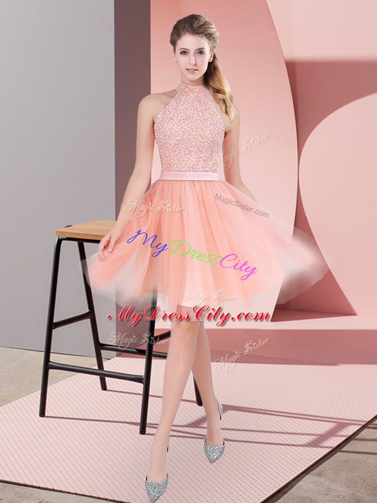 Fine Knee Length Zipper Dress for Prom Peach for Prom and Party with Beading