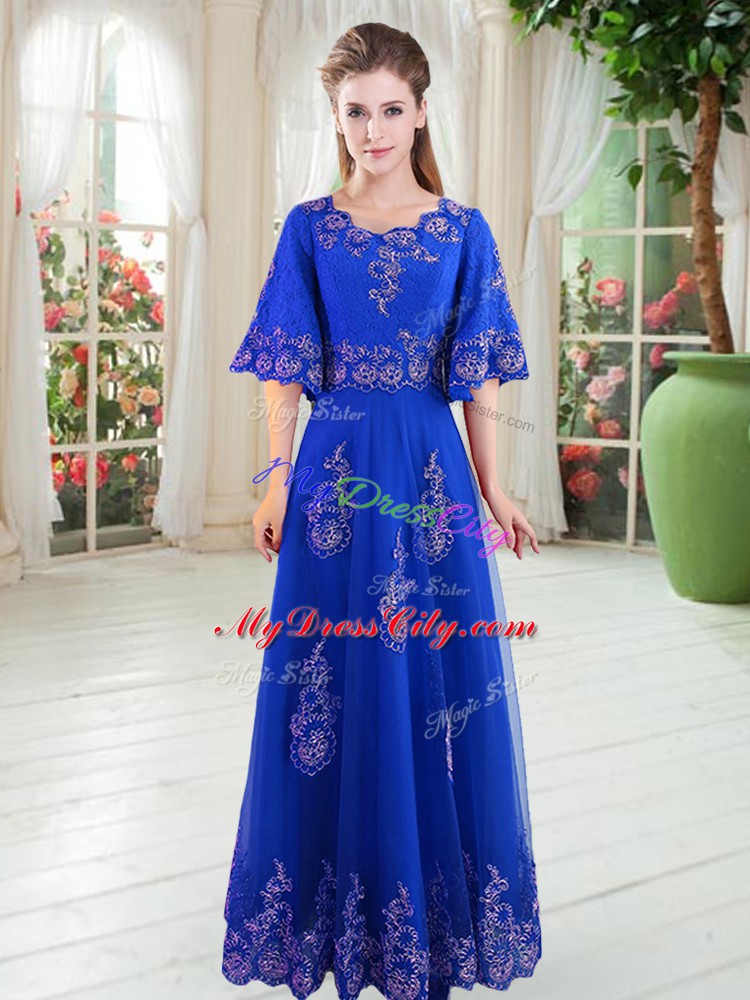 Royal Blue Half Sleeves Floor Length Lace Lace Up