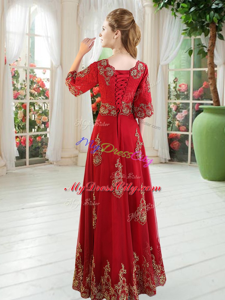 Royal Blue Half Sleeves Floor Length Lace Lace Up