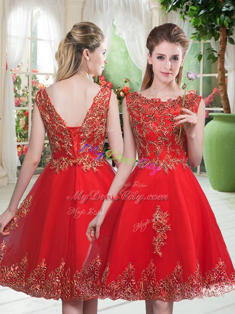 Red Lace Up Scoop Beading and Appliques Prom Party Dress Tulle Sleeveless