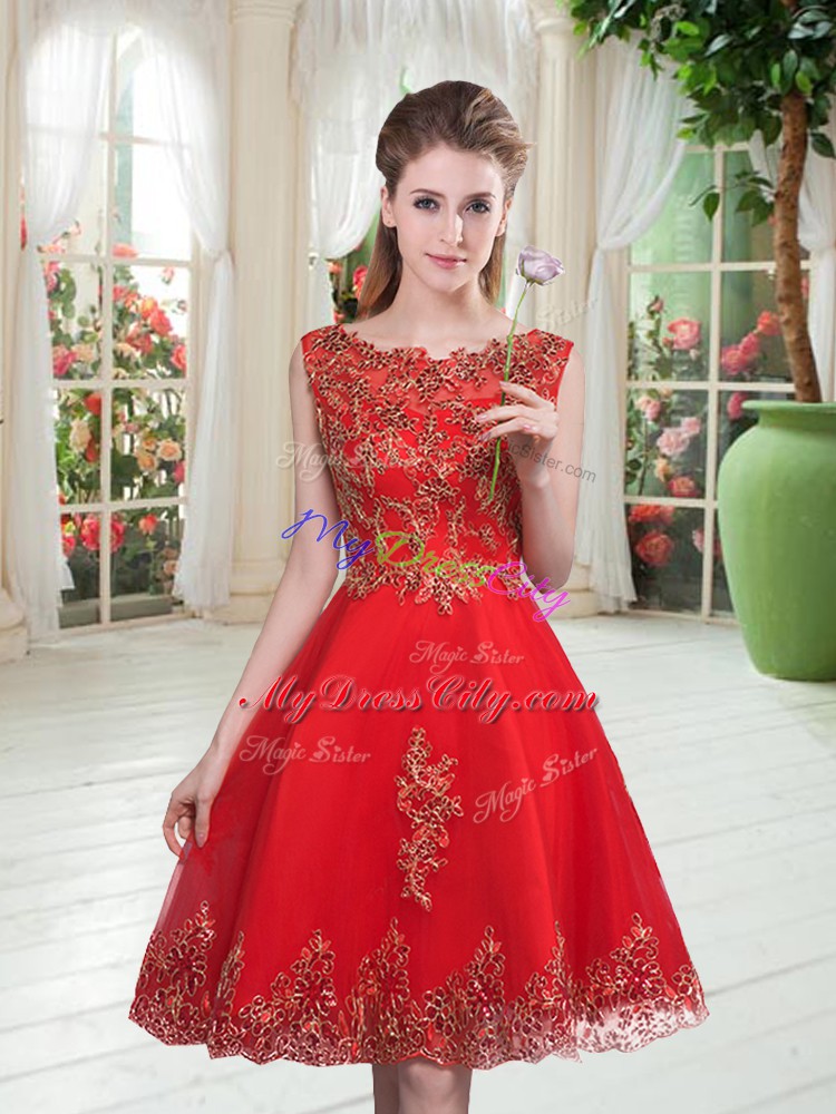 Red Lace Up Scoop Beading and Appliques Prom Party Dress Tulle Sleeveless