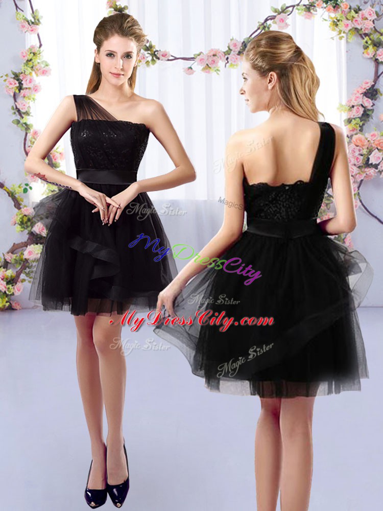 Mini Length Black Bridesmaid Dress One Shoulder Sleeveless Side Zipper