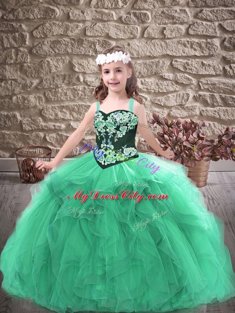 Ball Gowns Glitz Pageant Dress Turquoise Straps Tulle Sleeveless Floor Length Lace Up