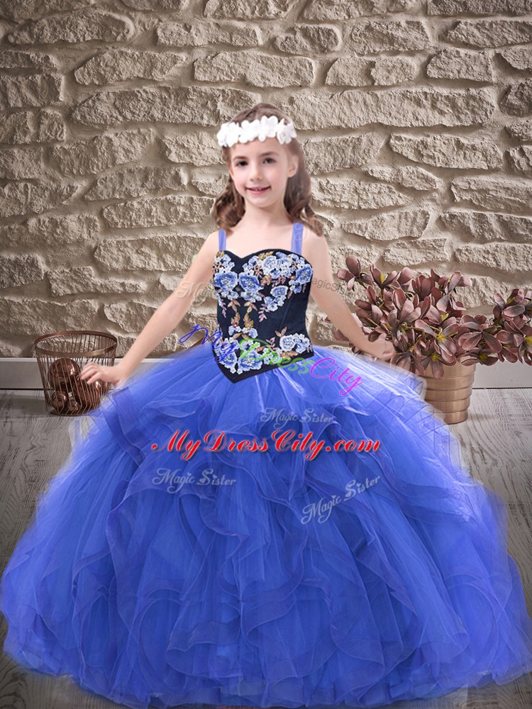 Ball Gowns Pageant Dress Royal Blue Straps Tulle Sleeveless Floor Length Lace Up