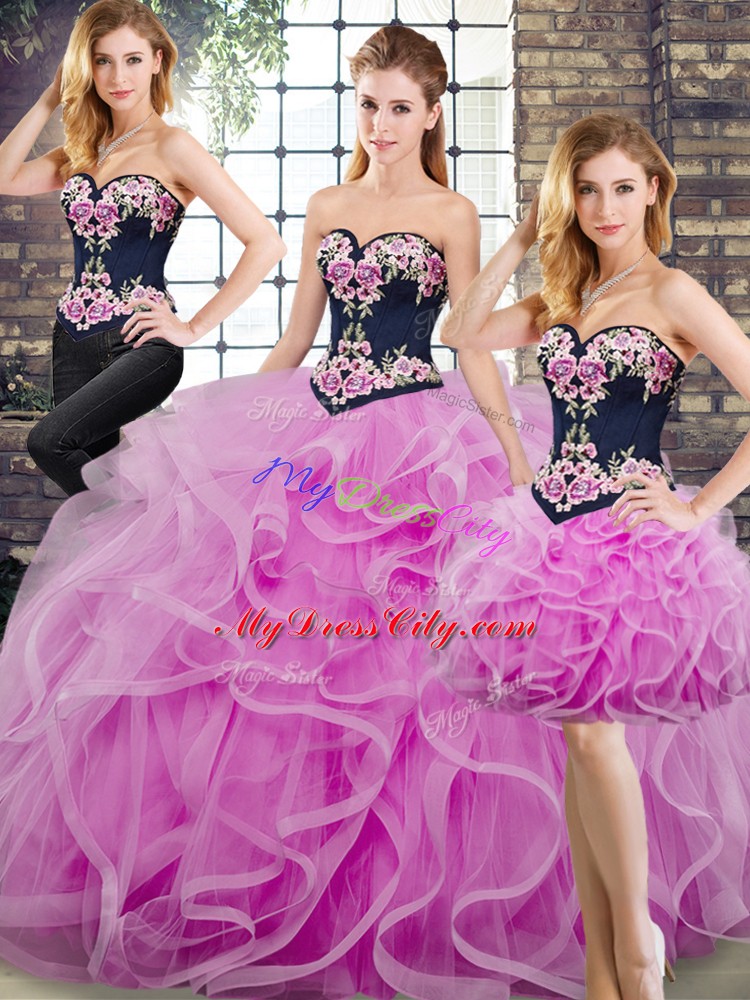 Lace Up Quinceanera Dresses Lilac for Military Ball and Sweet 16 and Quinceanera with Beading and Embroidery and Ruffles Sweep Train