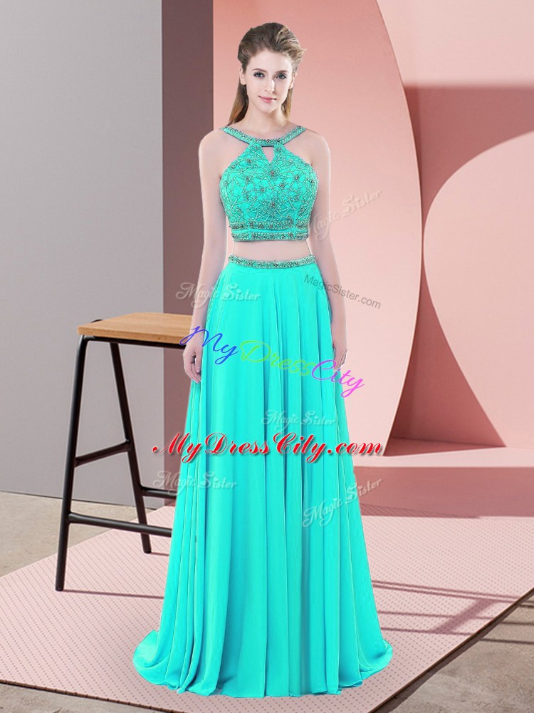 Aqua Blue Backless Prom Evening Gown Beading Sleeveless Sweep Train