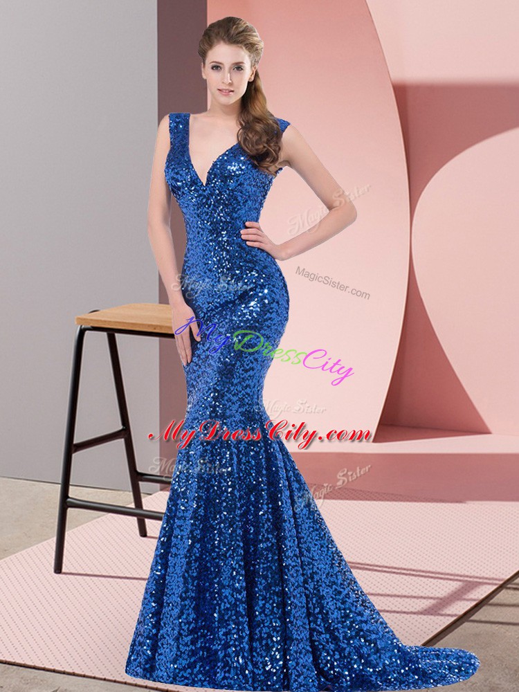 Pretty Royal Blue Mermaid Beading Lace Up Sequined Sleeveless