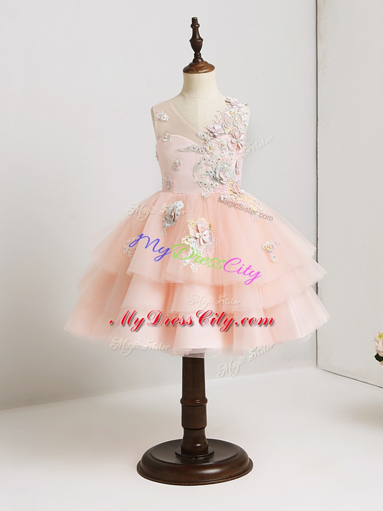 Smart Pink Flower Girl Dresses for Less Wedding Party with Appliques V-neck Sleeveless Zipper