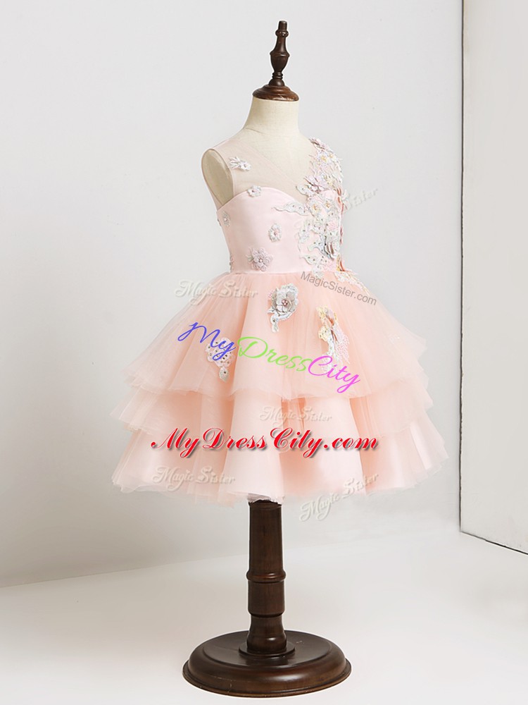 Smart Pink Flower Girl Dresses for Less Wedding Party with Appliques V-neck Sleeveless Zipper