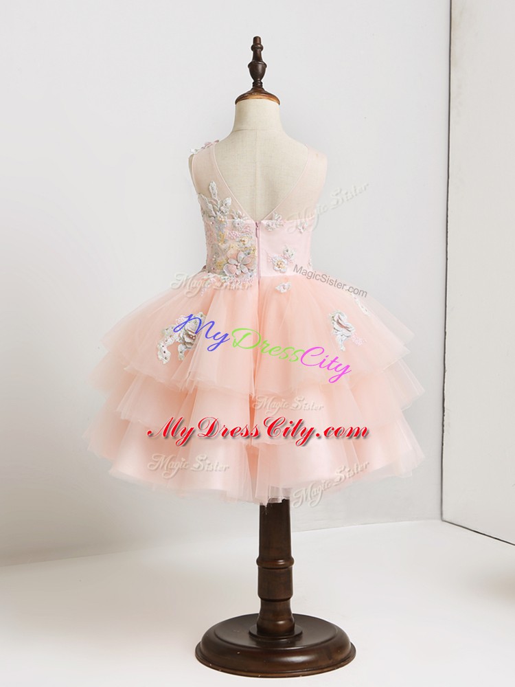 Smart Pink Flower Girl Dresses for Less Wedding Party with Appliques V-neck Sleeveless Zipper