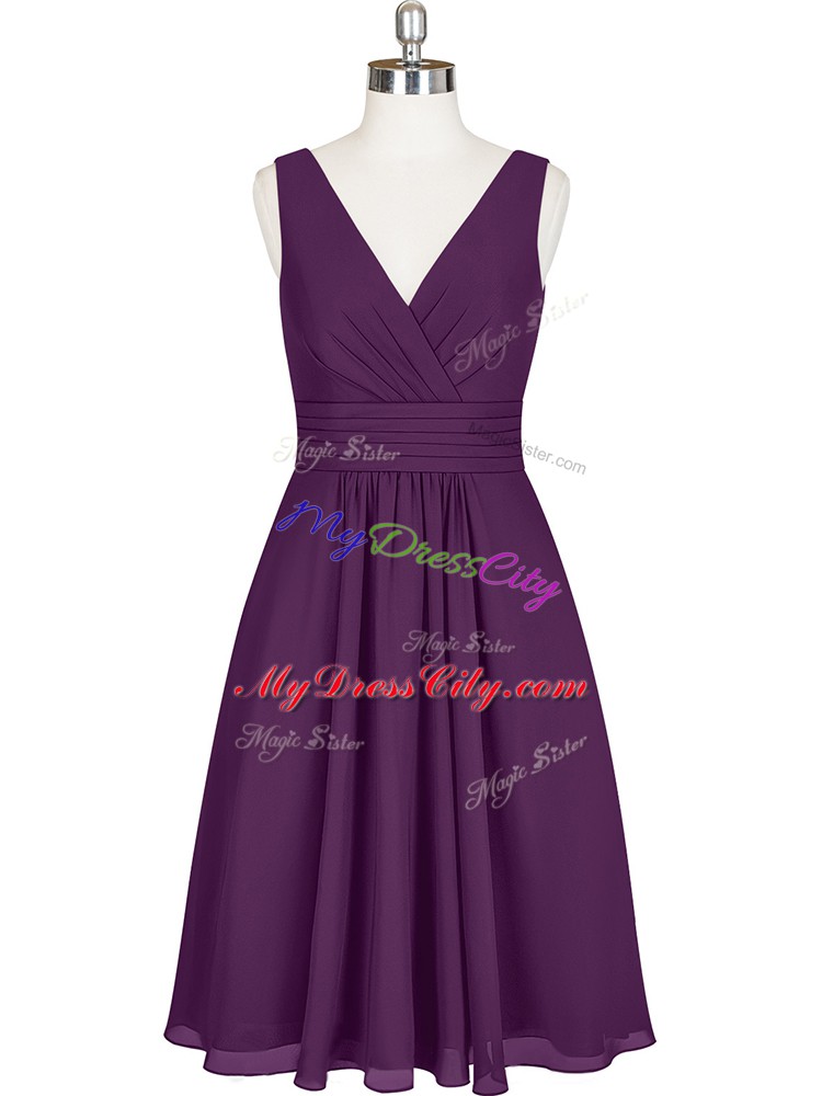 V-neck Sleeveless Prom Evening Gown Knee Length Pleated Purple Chiffon