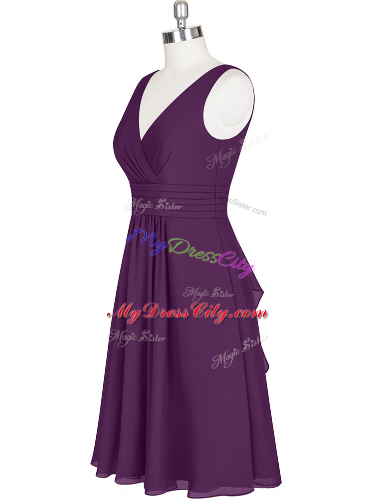 V-neck Sleeveless Prom Evening Gown Knee Length Pleated Purple Chiffon