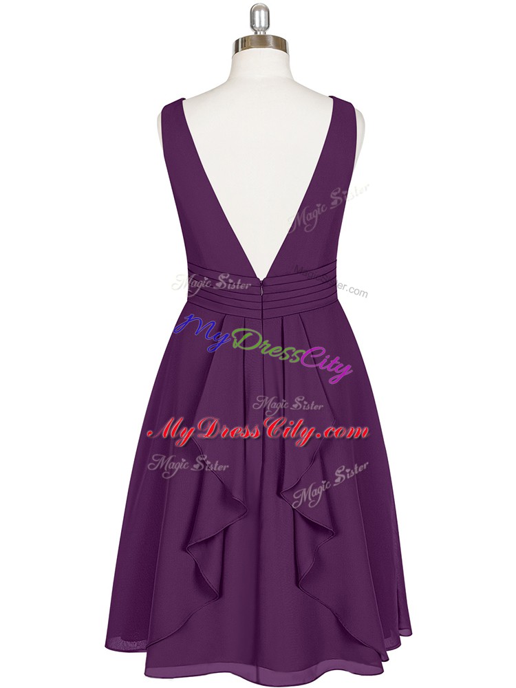 V-neck Sleeveless Prom Evening Gown Knee Length Pleated Purple Chiffon