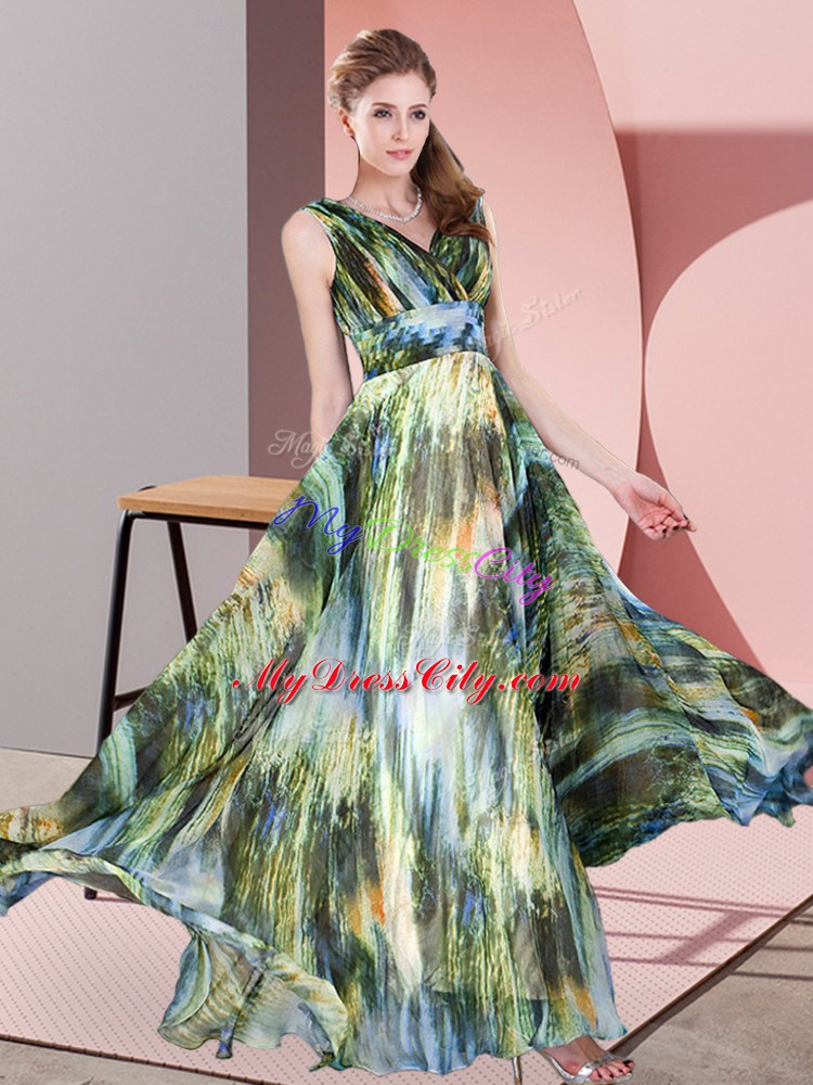 V-neck Sleeveless Prom Dresses Floor Length Pattern Multi-color Printed