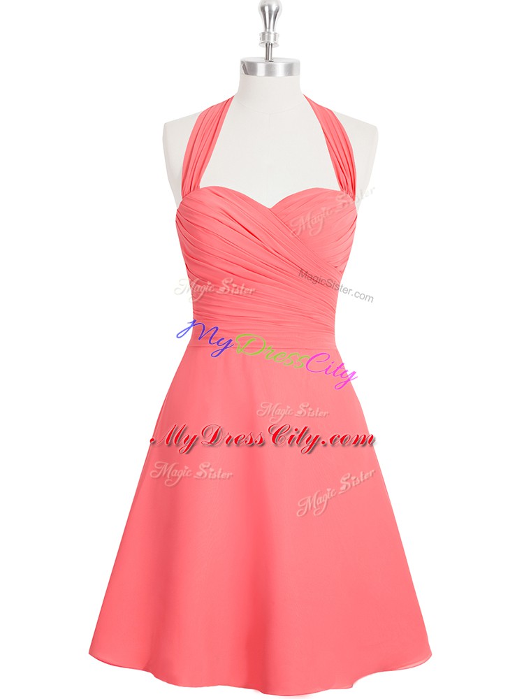 Watermelon Red Sleeveless Mini Length Ruching Zipper Prom Gown