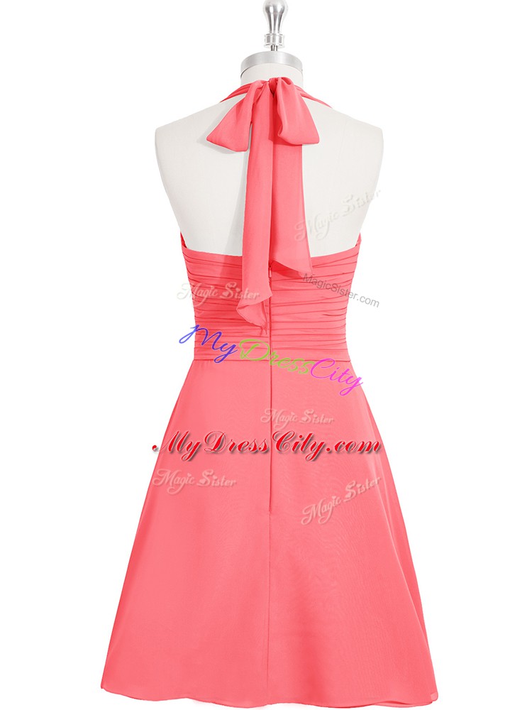 Watermelon Red Sleeveless Mini Length Ruching Zipper Prom Gown