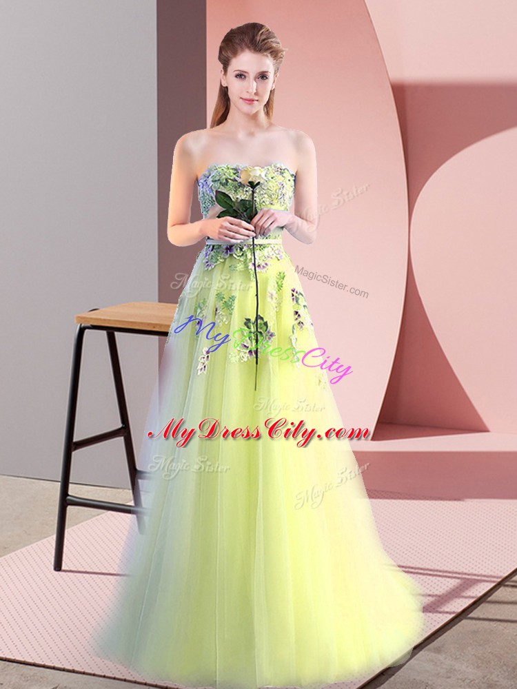 Yellow Green A-line Appliques Prom Party Dress Lace Up Tulle Sleeveless Floor Length