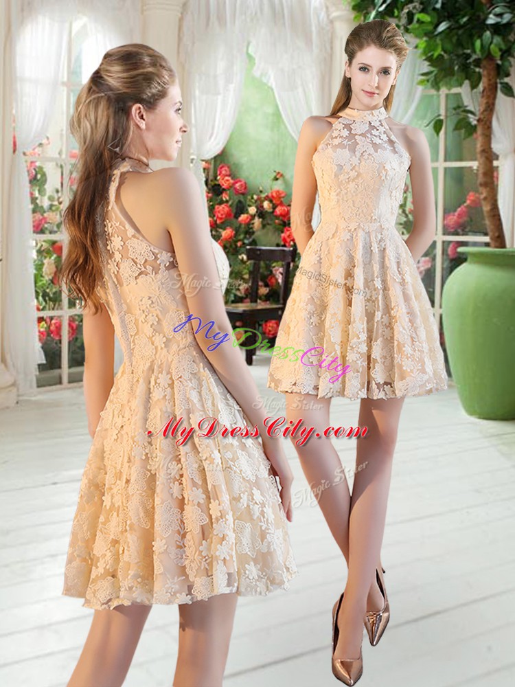 High-neck Sleeveless Prom Party Dress Mini Length Lace Champagne