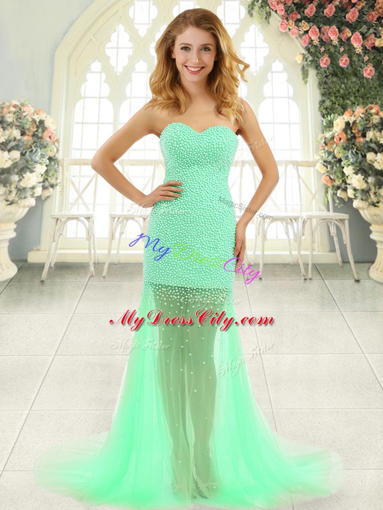 Hot Selling Brush Train Column/Sheath Prom Party Dress Apple Green Sweetheart Tulle Sleeveless Zipper