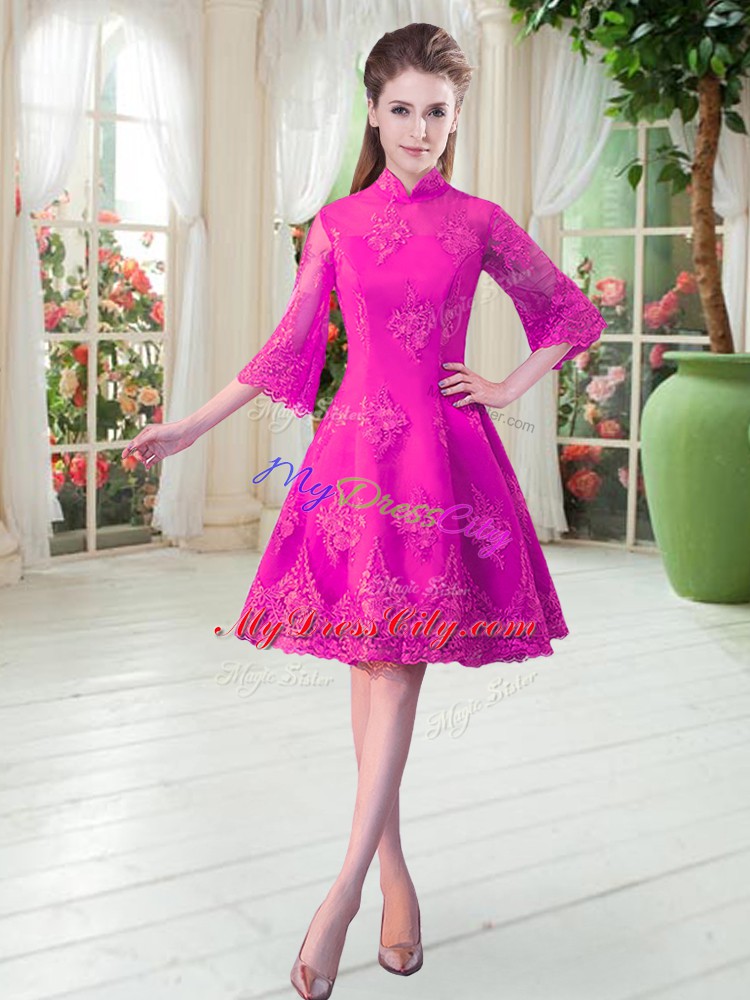 Captivating Fuchsia High-neck Zipper Lace Prom Dresses 3 4 Length Sleeve