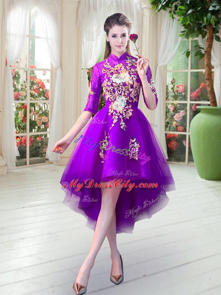 Custom Designed Purple Half Sleeves Appliques High Low Prom Dress