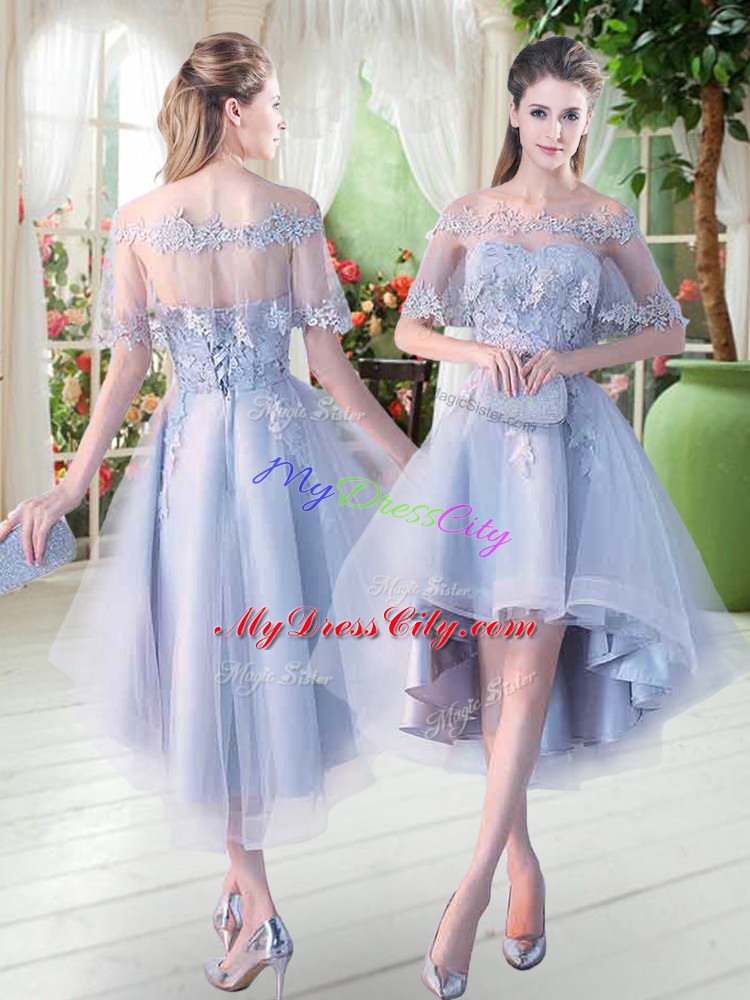 Light Blue Prom Dress Prom and Party with Appliques Off The Shoulder Half Sleeves Lace Up