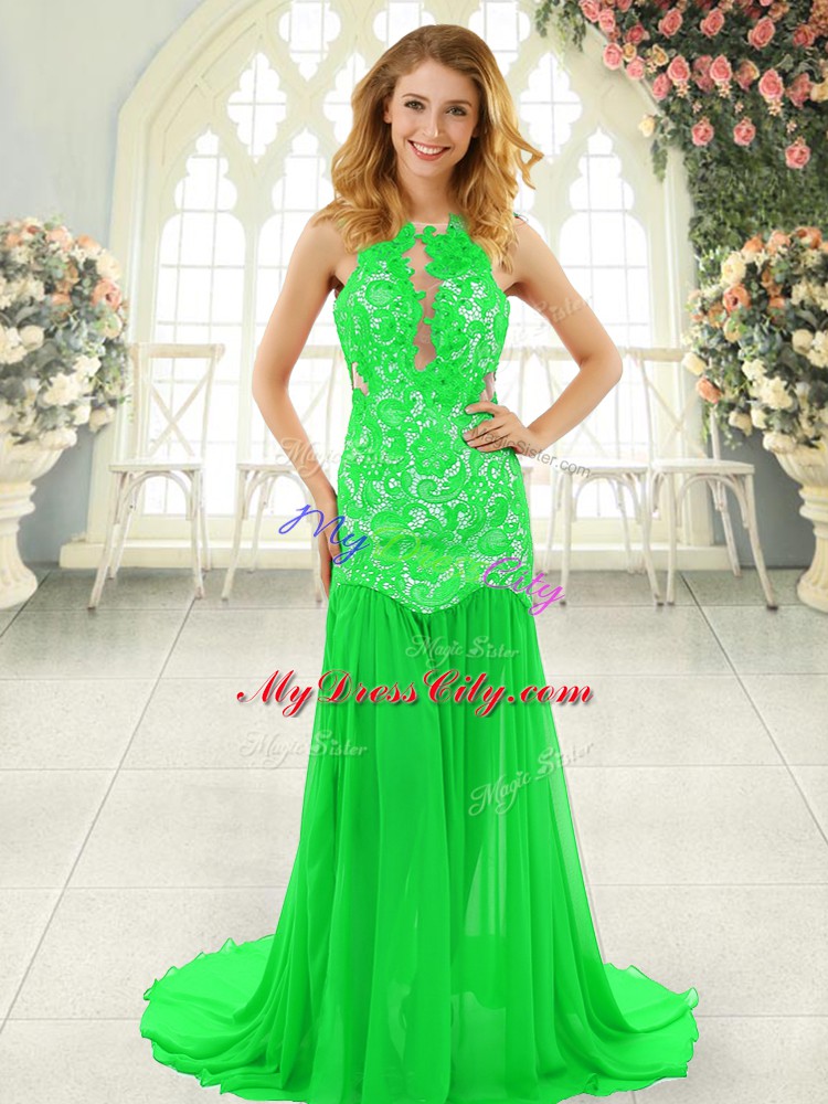 Chic Scoop Sleeveless Chiffon Prom Evening Gown Lace Brush Train Backless