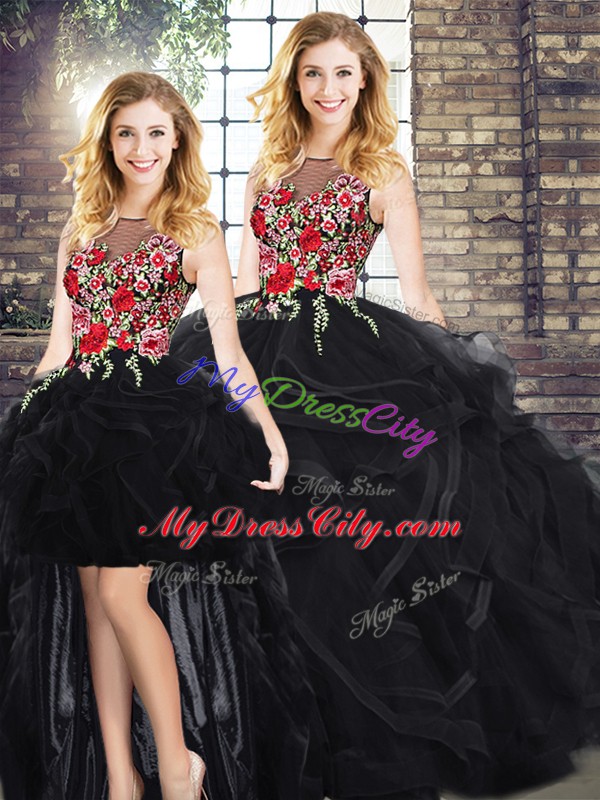 Sleeveless Floor Length Zipper 15th Birthday Dress in Black with Embroidery and Ruffles