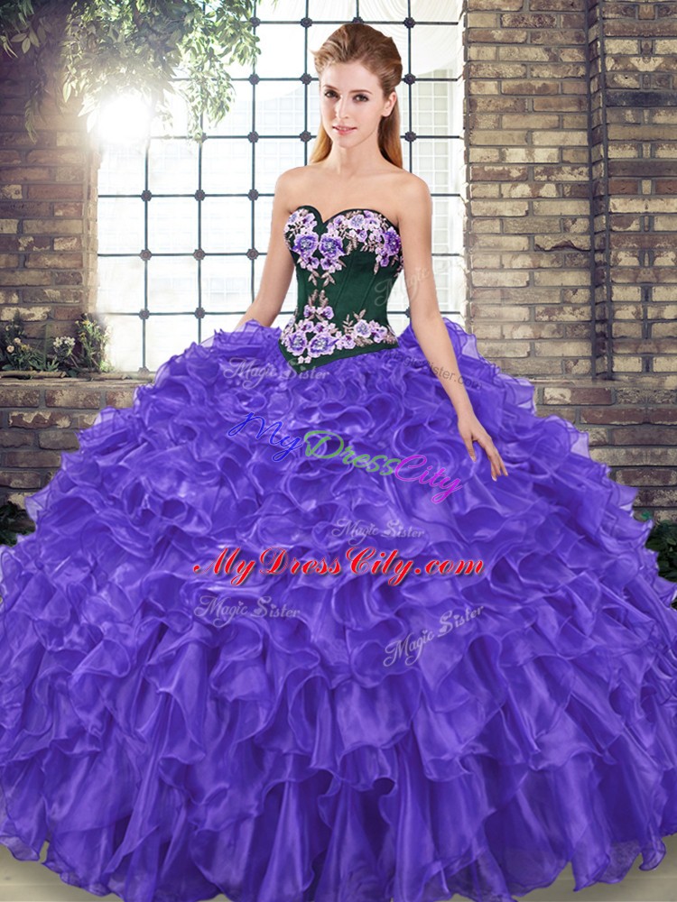 Fancy Purple Sweetheart Neckline Embroidery and Ruffles 15 Quinceanera Dress Sleeveless Lace Up