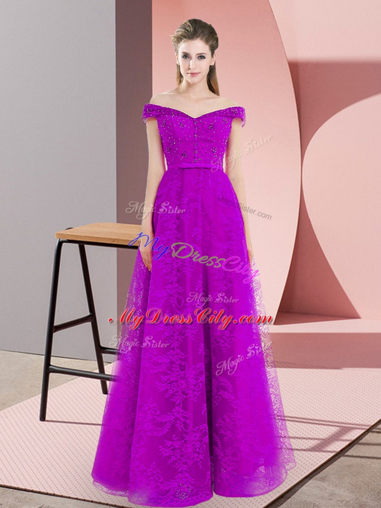 Artistic Purple Lace Up Off The Shoulder Beading and Lace Sleeveless