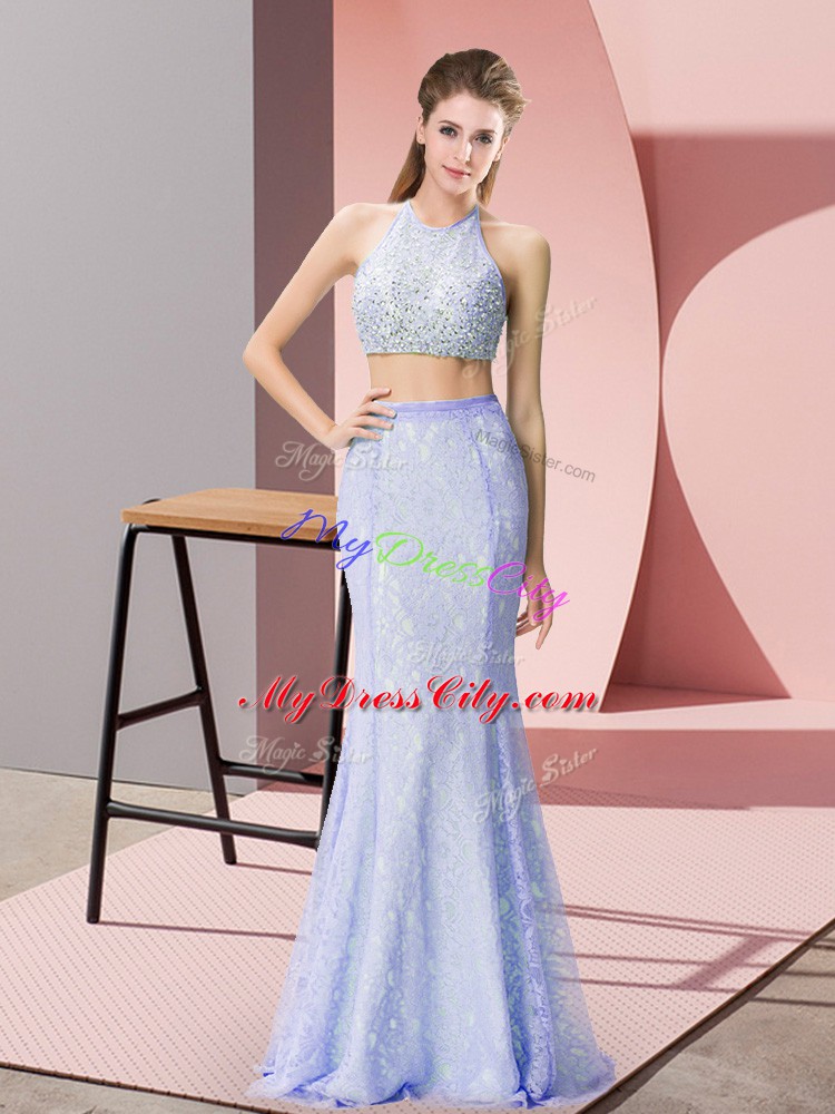 Baby Blue Two Pieces Halter Top Sleeveless Beading and Lace Floor Length Backless Prom Dress