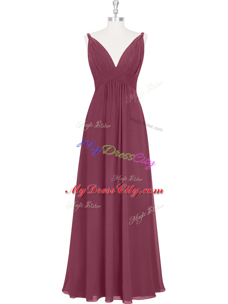 Floor Length Burgundy Homecoming Dress V-neck Sleeveless Backless