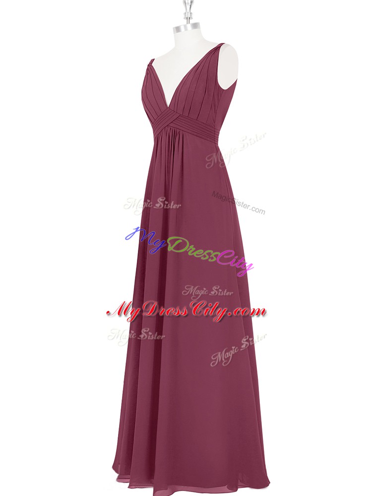 Floor Length Burgundy Homecoming Dress V-neck Sleeveless Backless