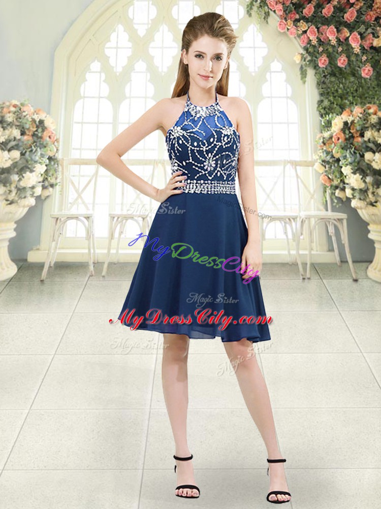 Dazzling Blue Sleeveless Knee Length Beading Zipper