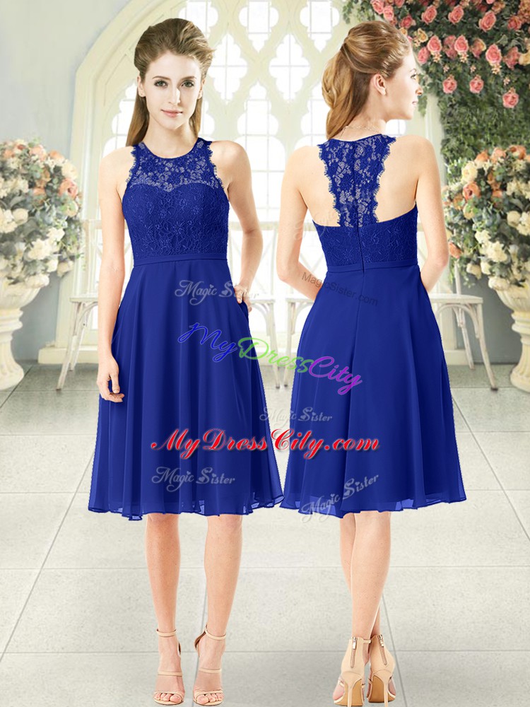 On Sale Knee Length Zipper Evening Dress Royal Blue for Prom and Party with Lace