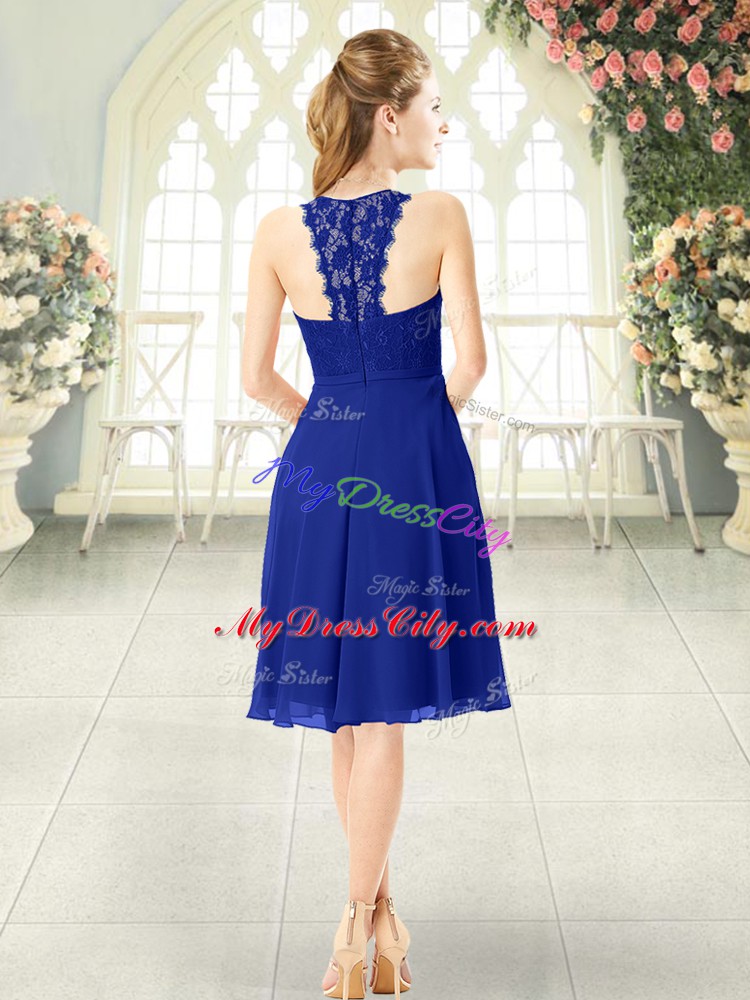 On Sale Knee Length Zipper Evening Dress Royal Blue for Prom and Party with Lace