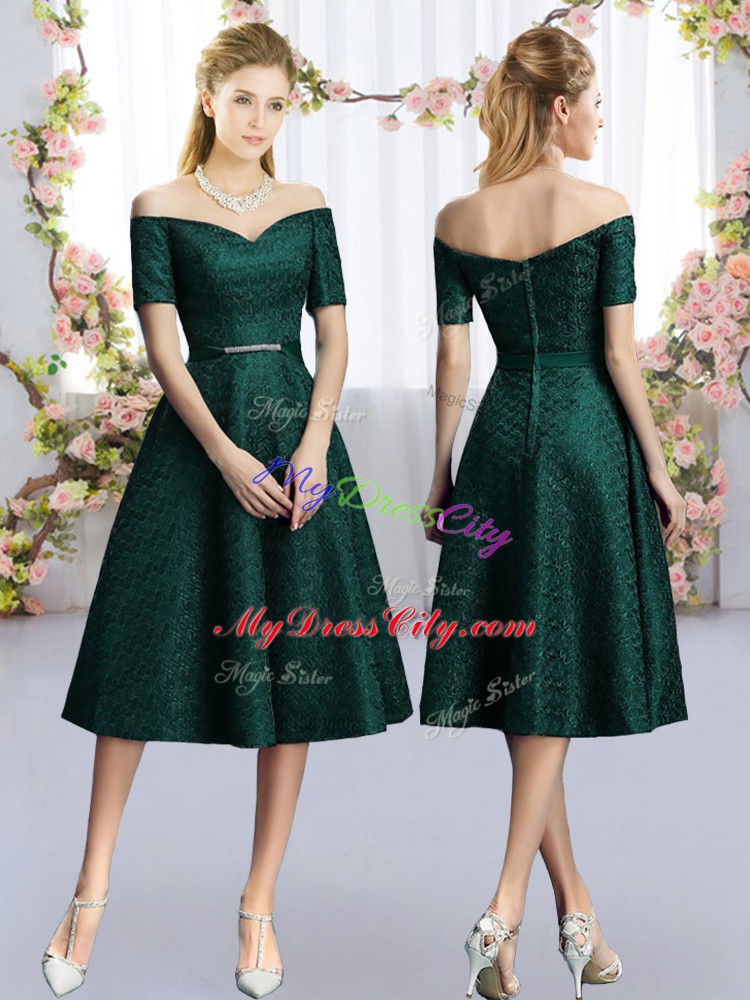 Lovely Off The Shoulder Short Sleeves Court Dresses for Sweet 16 Dark Green Lace