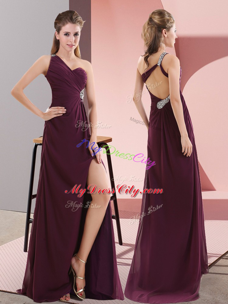 Fantastic Dark Purple Backless One Shoulder Beading and Lace Prom Dress Satin Sleeveless Sweep Train