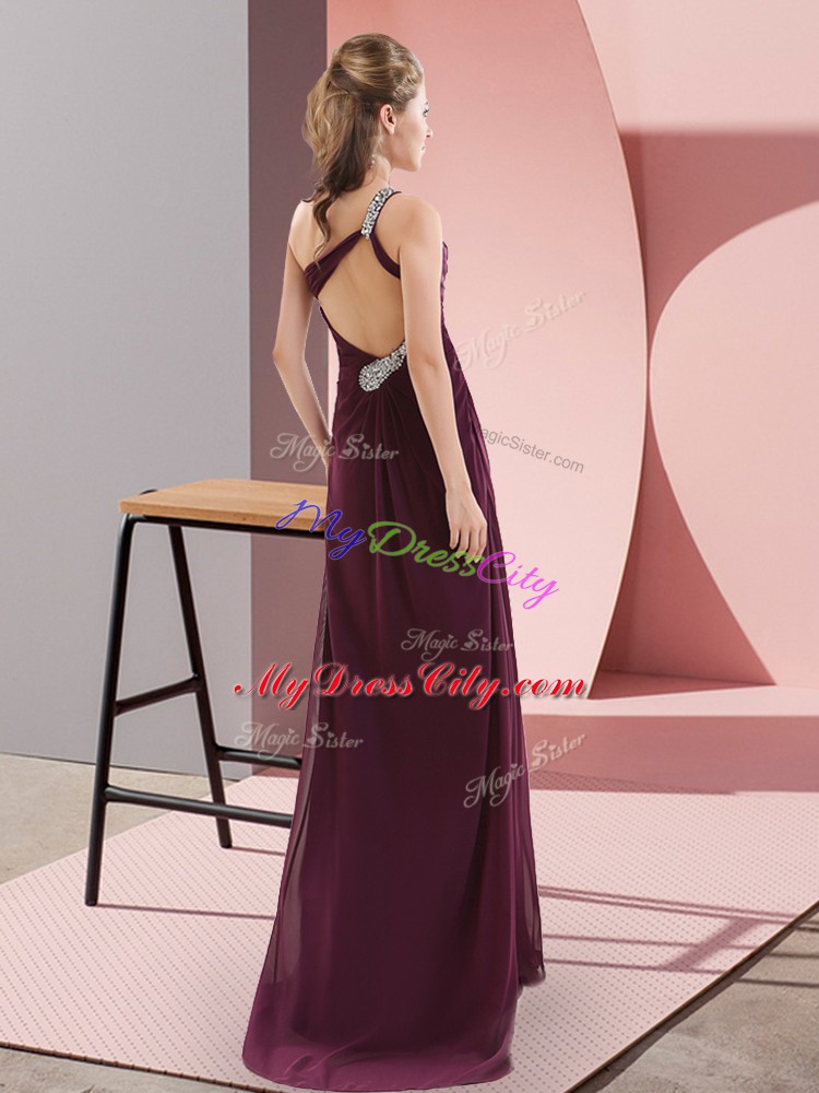 Fantastic Dark Purple Backless One Shoulder Beading and Lace Prom Dress Satin Sleeveless Sweep Train