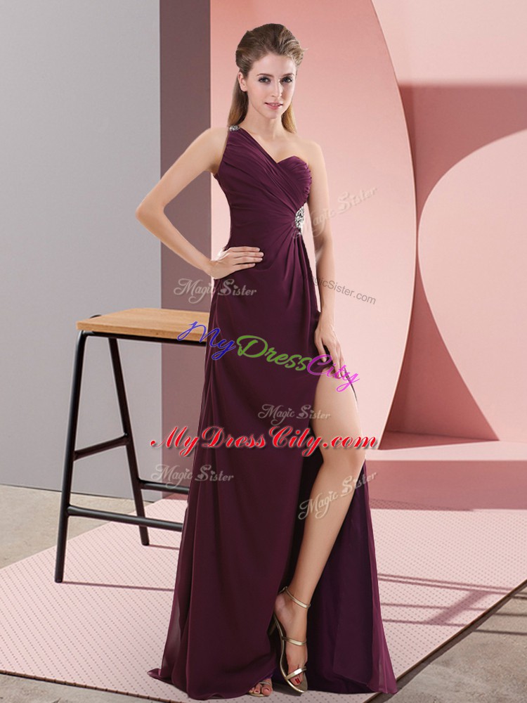 Fantastic Dark Purple Backless One Shoulder Beading and Lace Prom Dress Satin Sleeveless Sweep Train